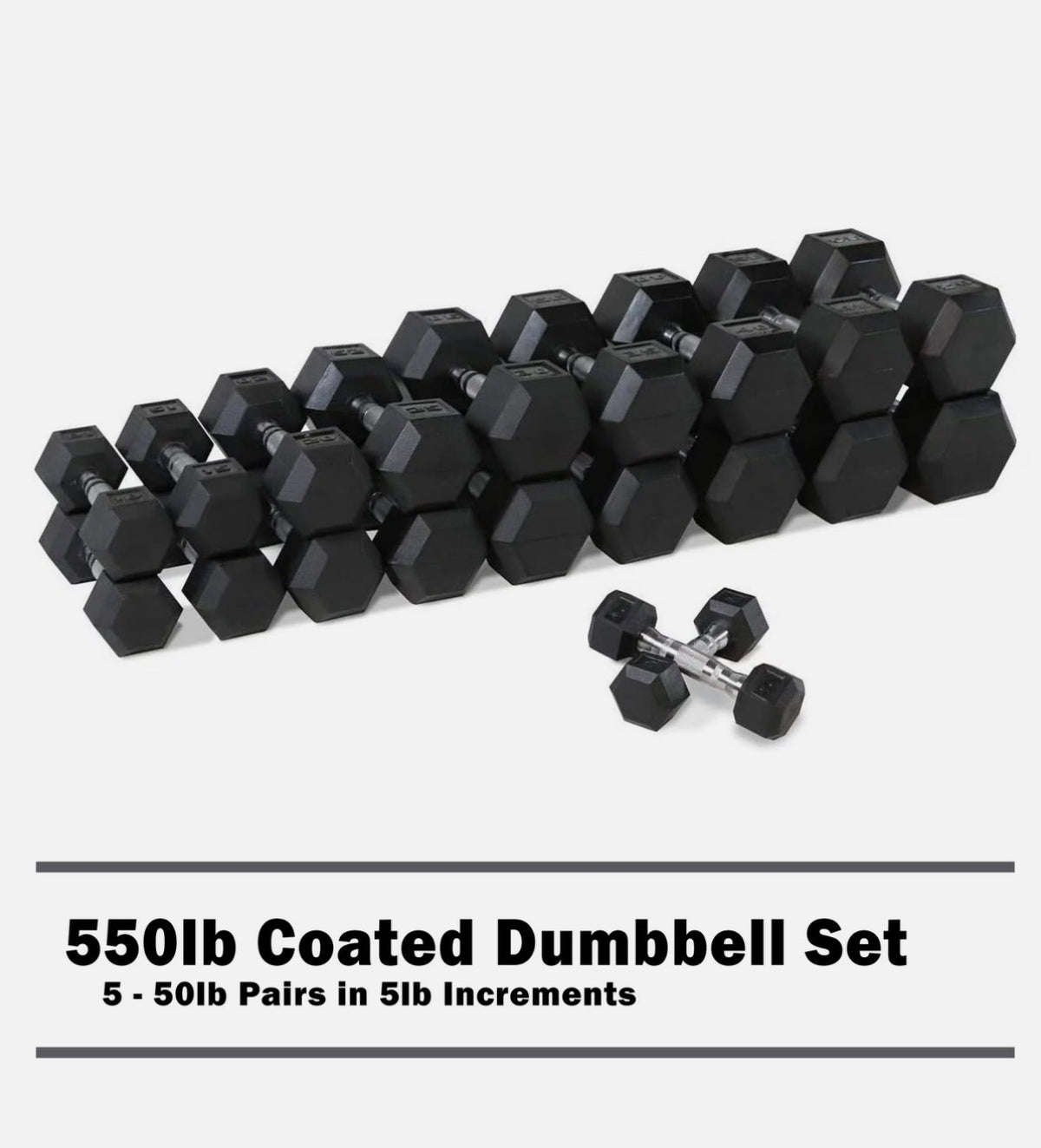 550 lb coated dumbbell set, 5–50 lb pairs in 5 lb increments