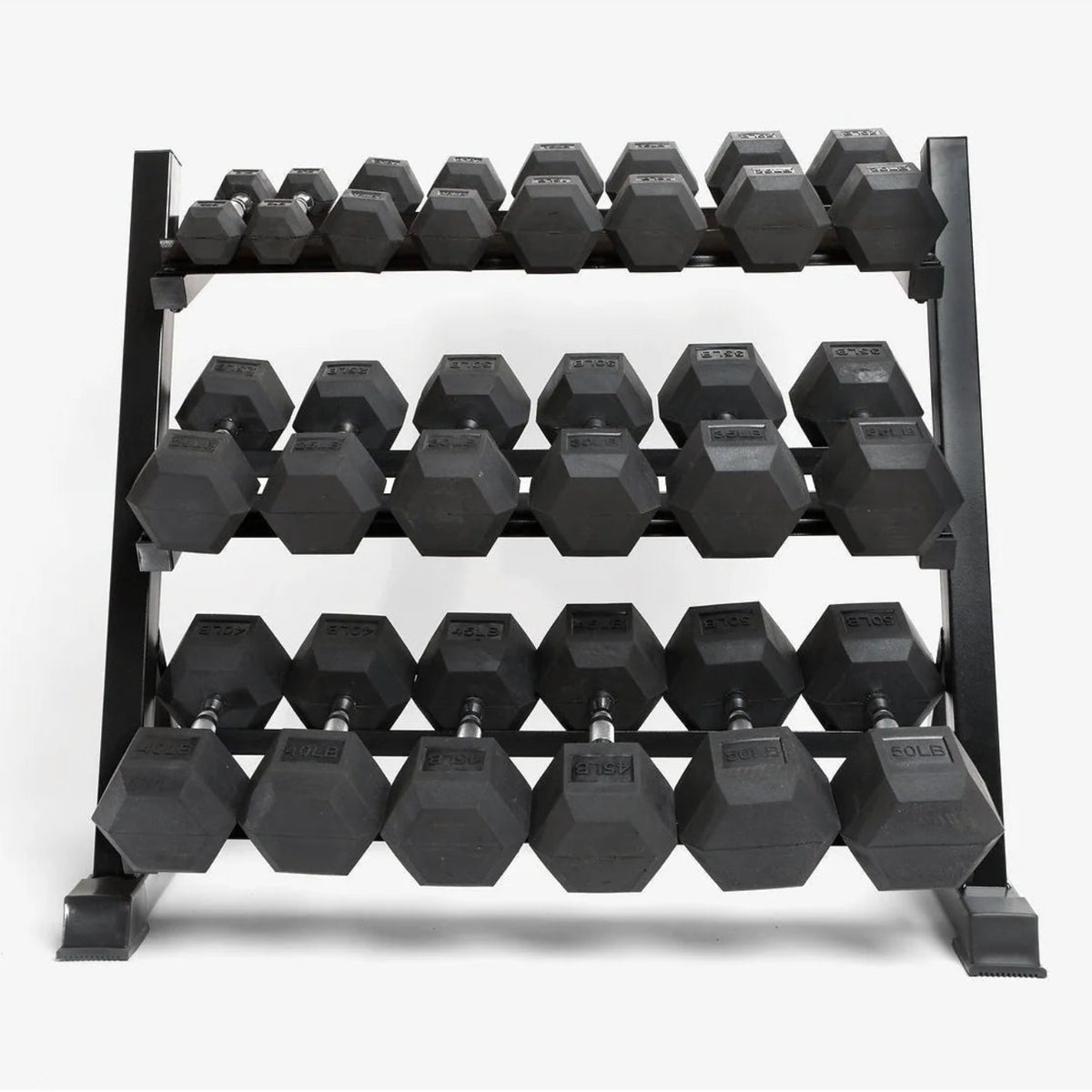 Dumbbell set on 3-tier rack, angled view