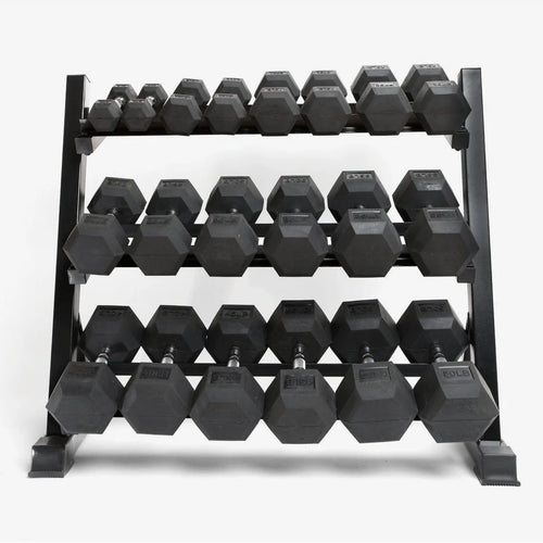 Dumbbell set on 3-tier rack, angled view