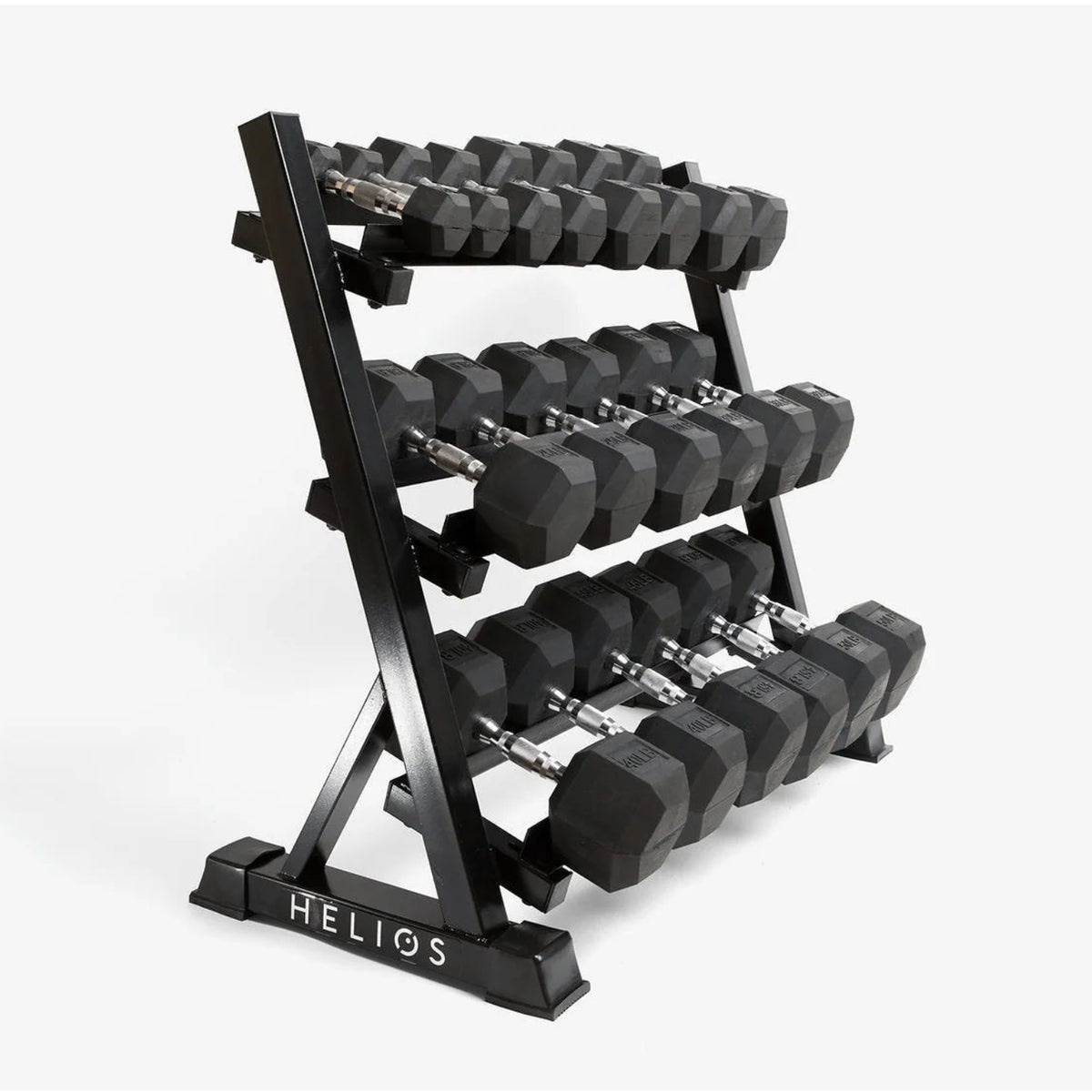 Close-up of rubber hex dumbbells and chrome handles on rack