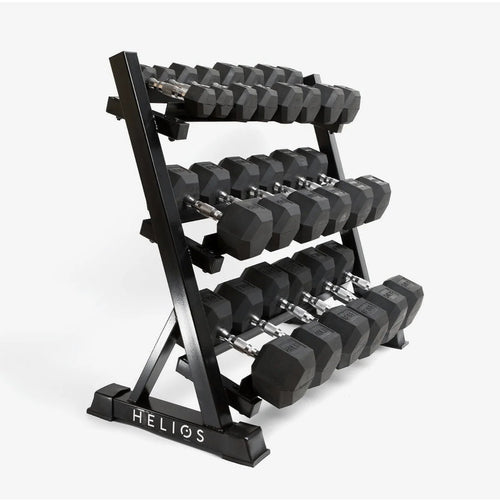 Close-up of rubber hex dumbbells and chrome handles on rack