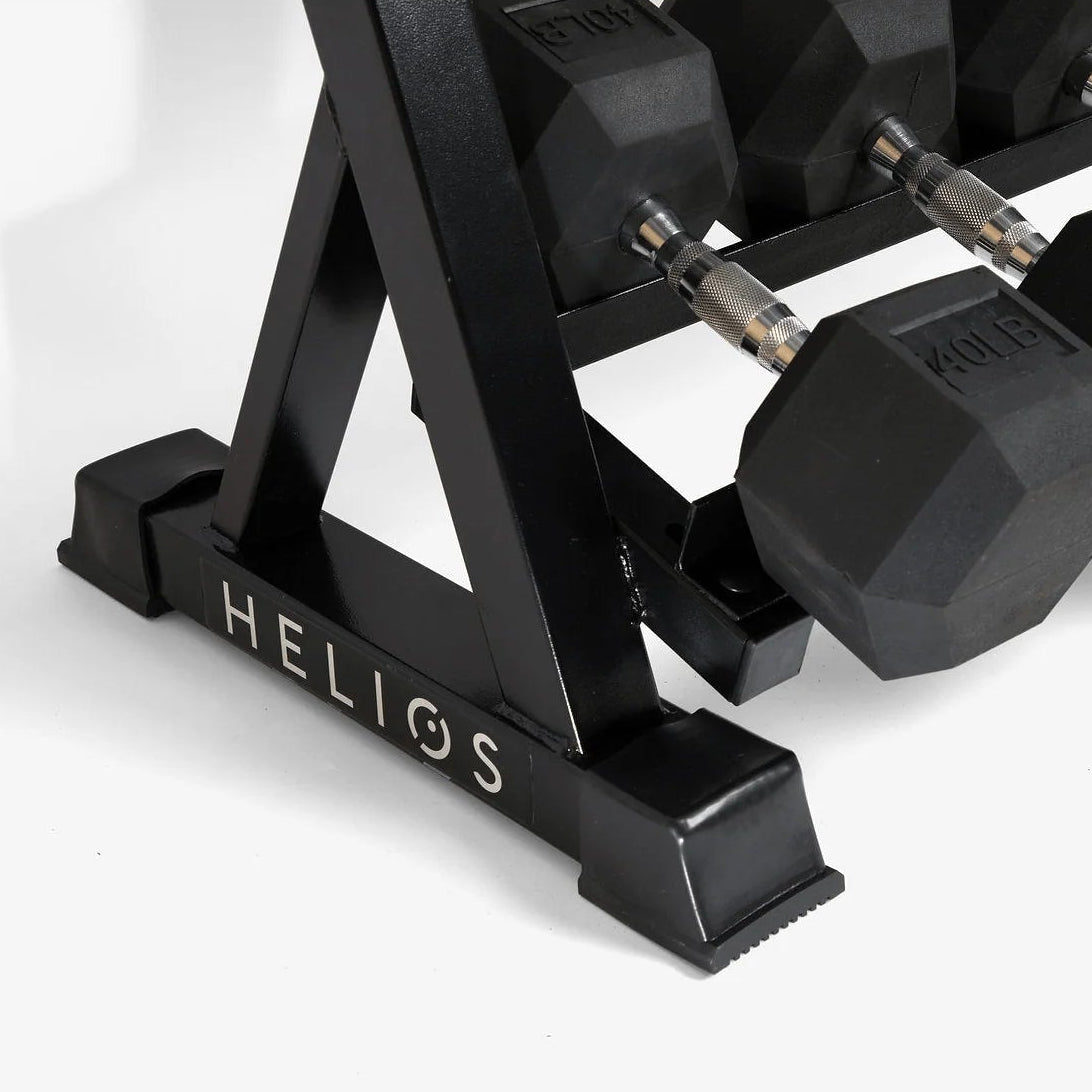 5–50 lb rubber hex dumbbell set on 3-tier storage rack, front view